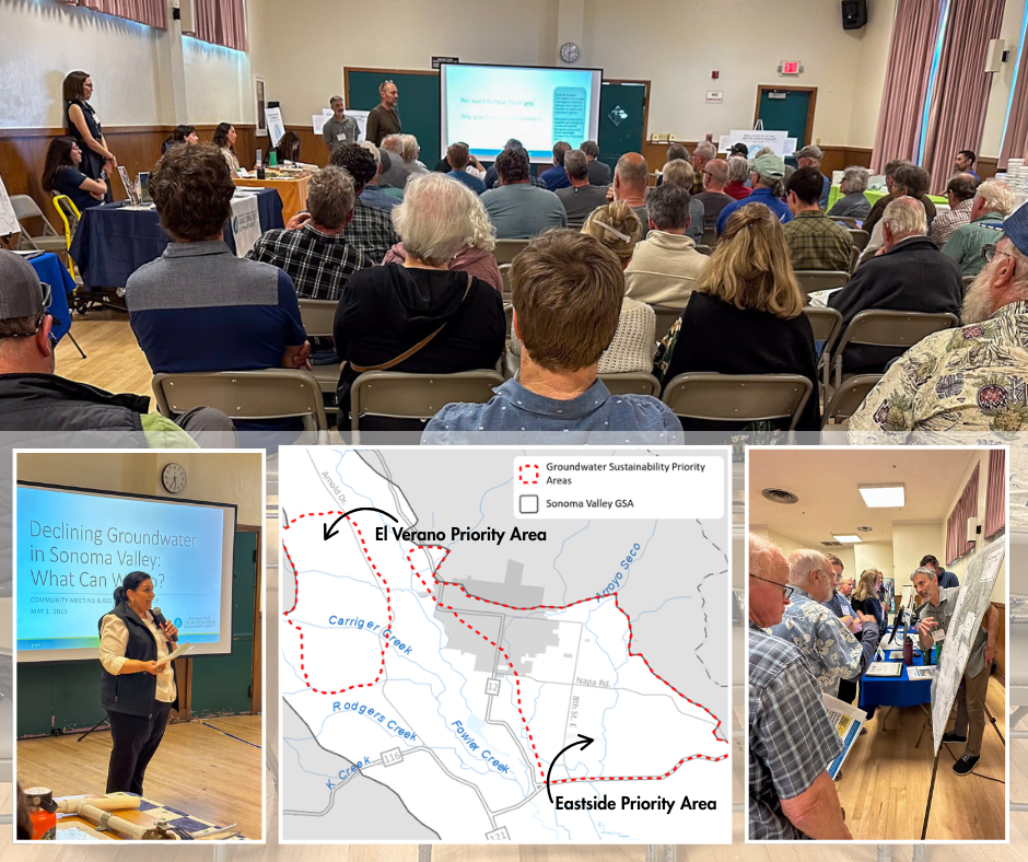 collage showing three photos from a community meeting and one embedded map of the Sonoma Valley area and two red-outlined areas on the map